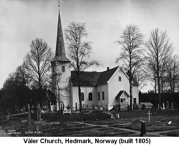 The Våler Church in Hedmark, Norway (built 1805): Black and white photo of a small white church with a tall steeple and vertical board-and-batten siding, standing in a cemetery among leafless trees